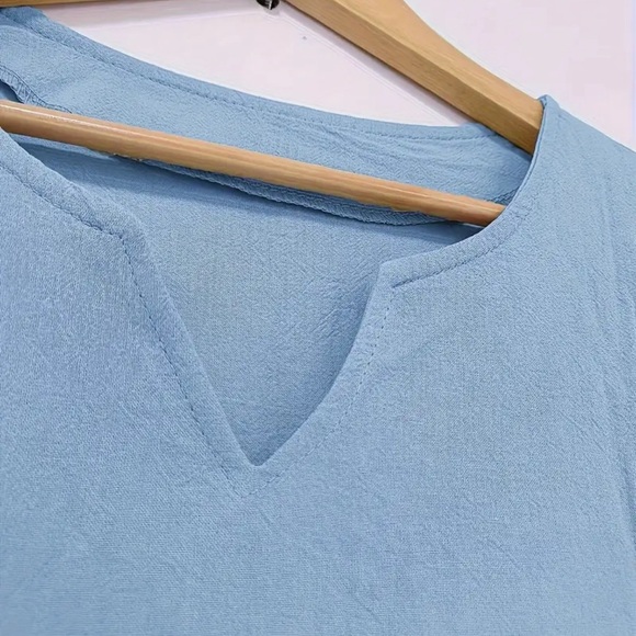 Solid Color Notched Neck Dress, Short Sleeve Linen Shift Dress For Spring&Summer - Picture 3 of 3